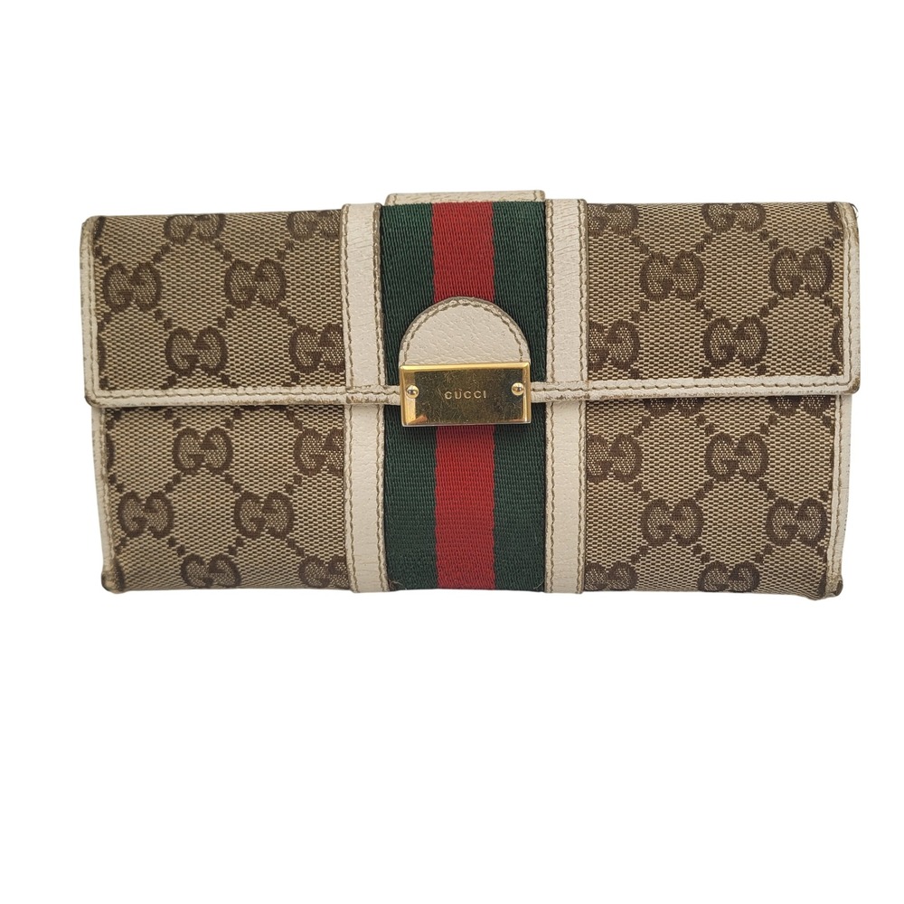 Gucci GG Supreme Web Stripe Long Wallet White Leather 150674-2091 Large Authenti